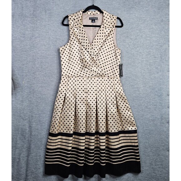 Jessica Howard Women's Size 16 Polka dot Black Stripes Pleated Dress NEW - Picture 1 of 12